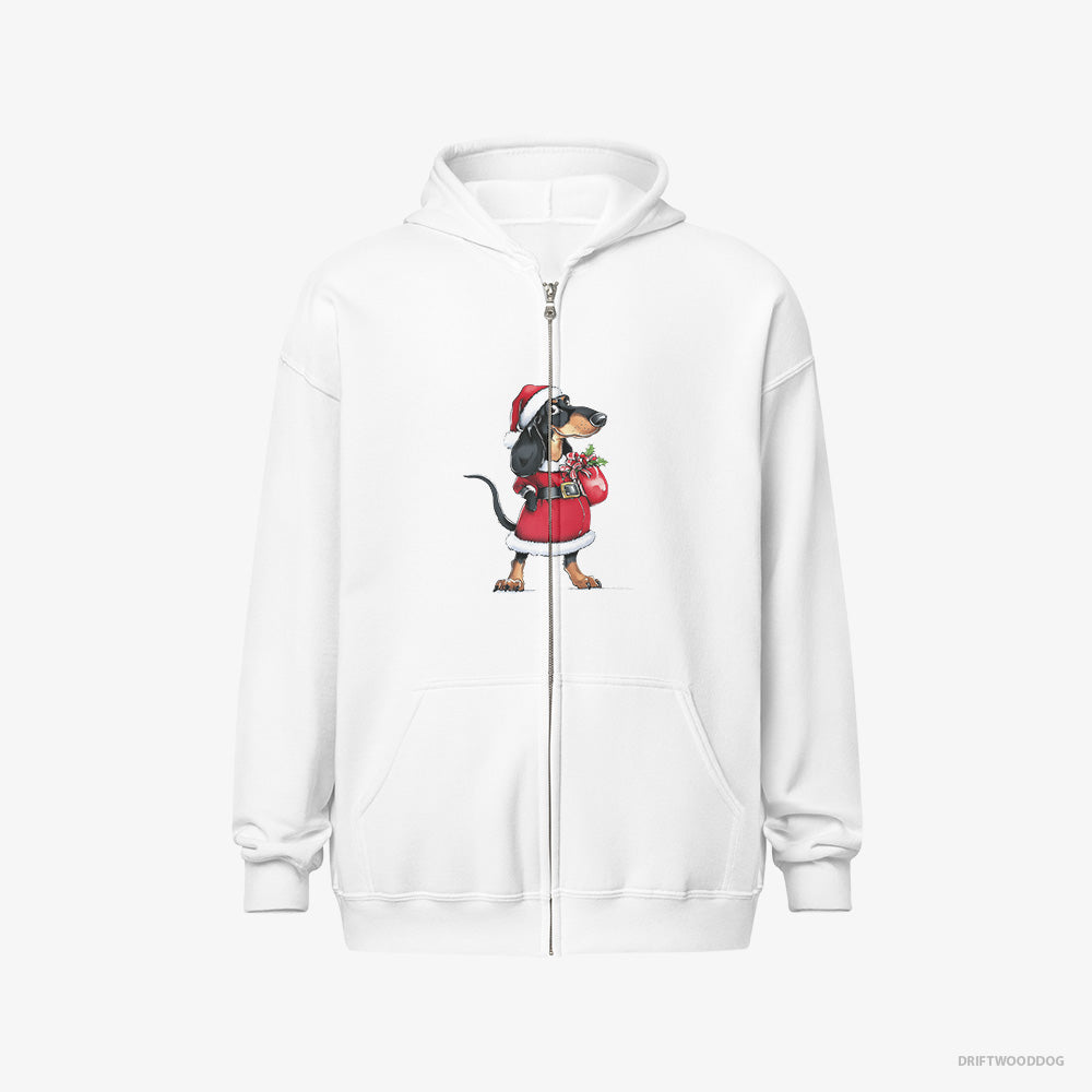 Dachshund Hoodie – Men White Hoodie Full-Zip – Wearing Santa's Outfit (on White Background)