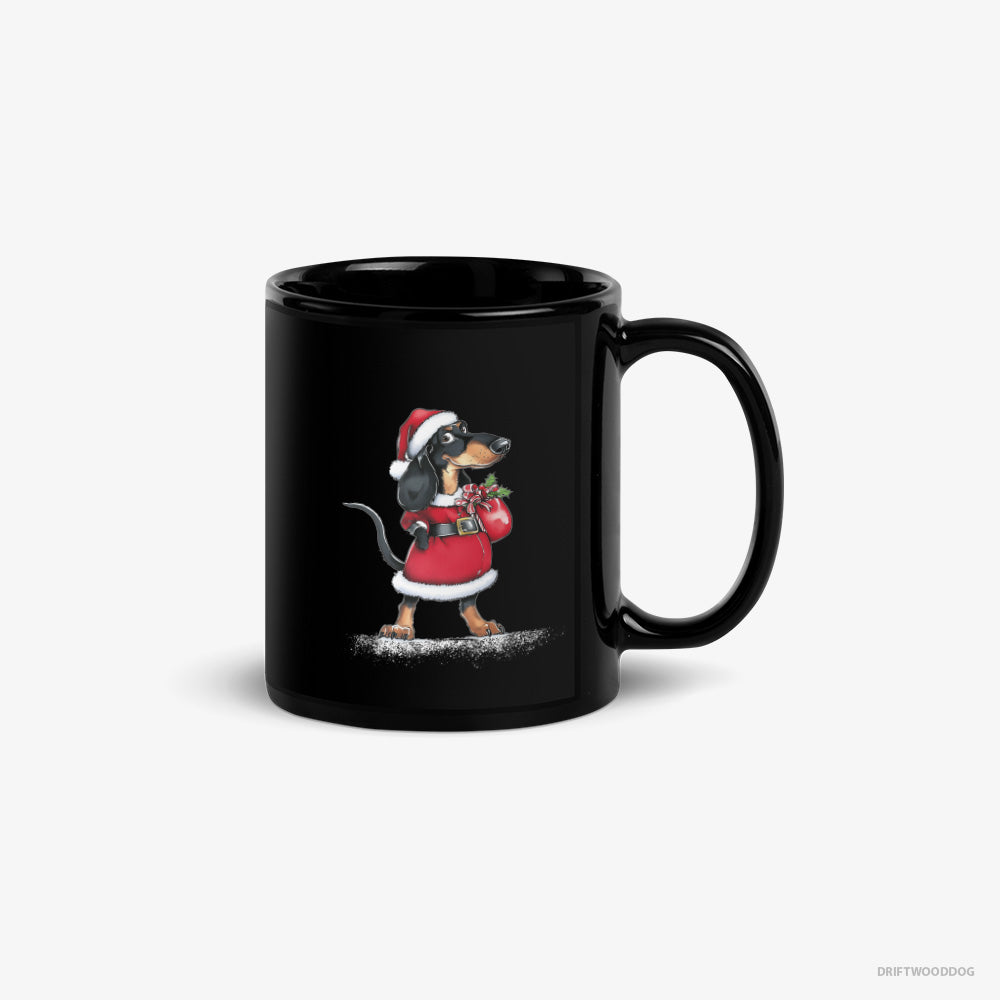 Dachshund Mug – Unisex Black Mug Classic – Wearing Santa's Outfit (on White Background)