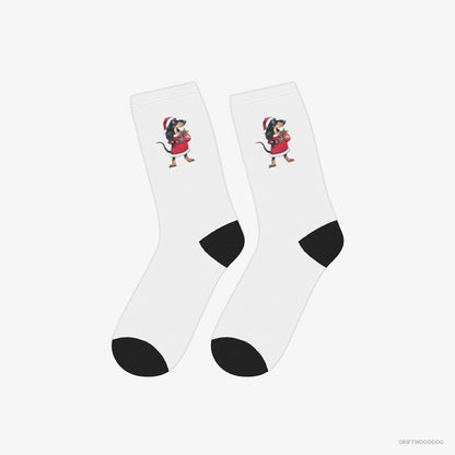 Dachshund Socks – Unisex White Socks Classic – Wearing Santa's Outfit (on White Background)