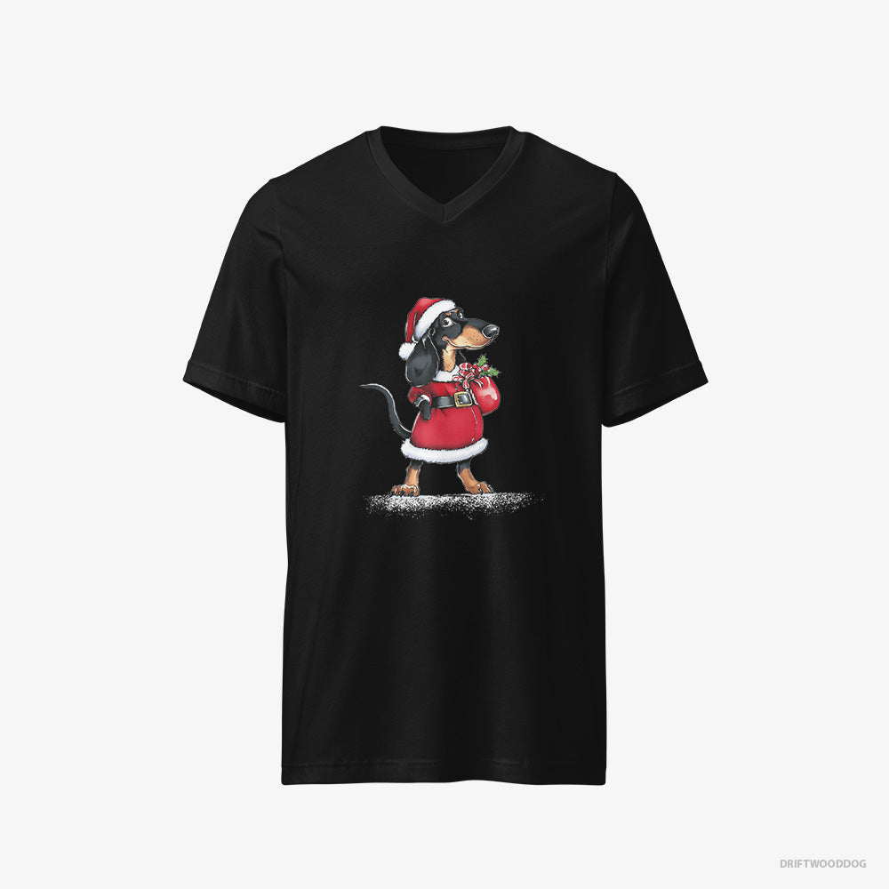 Dachshund T-Shirt – Men Black T-Shirt V-Neck – Wearing Santa's Outfit (on White Background)