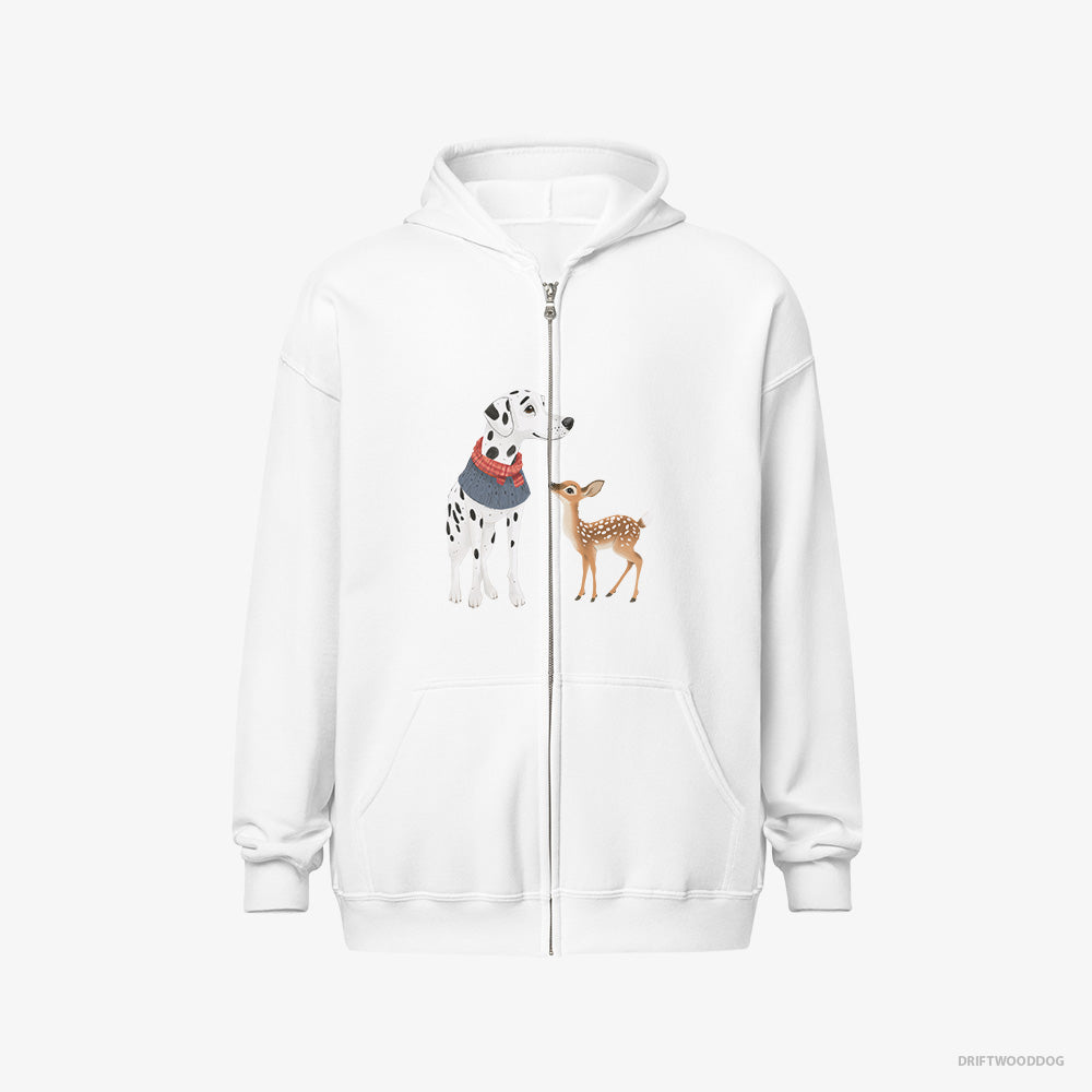 Dalmatian Hoodie – Men White Hoodie Full-Zip – and a Baby Reindeer Together (on White Background)