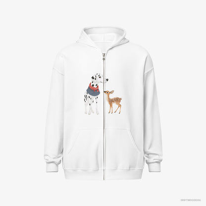 Dalmatian Hoodie – Men White Hoodie Full-Zip – and a Baby Reindeer Together (on White Background)