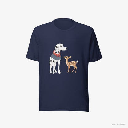 Dalmatian T-Shirt – Women Navy T-Shirt Eco-Friendly – and a Baby Reindeer Together (on White Background)