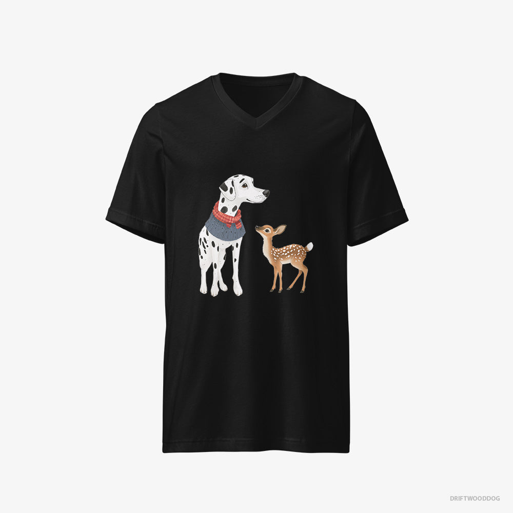 Dalmatian T-Shirt – Men Black T-Shirt V-Neck – and a Baby Reindeer Together (on White Background)