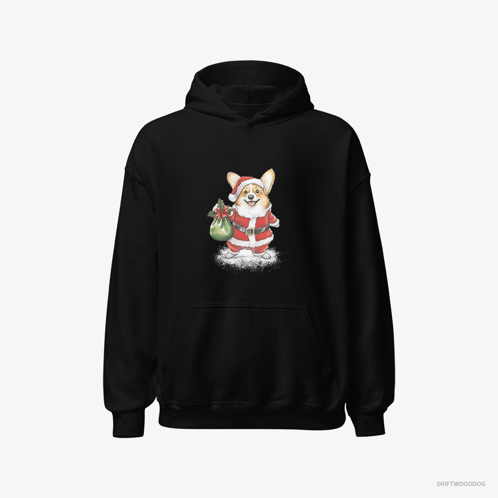 Corgi Hoodie – Women Black Hoodie Classic – Carrying a Bag of Christmas Cookies (on White Background)