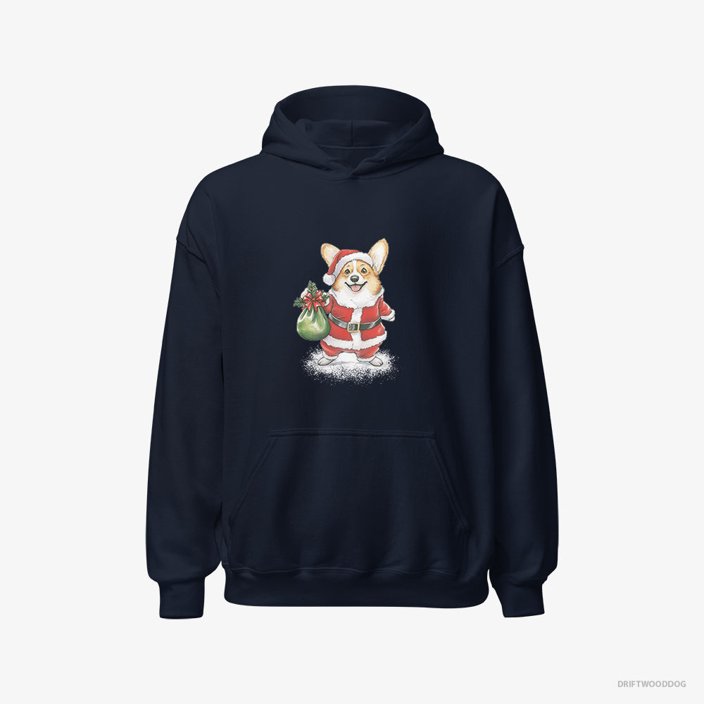 Corgi Hoodie – Women Navy Hoodie Classic – Carrying a Bag of Christmas Cookies (on White Background)