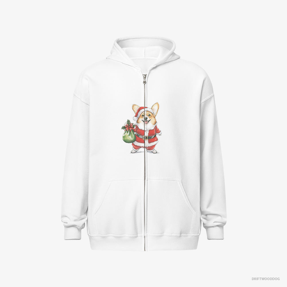 Corgi Hoodie – Women White Hoodie Full-Zip – Carrying a Bag of Christmas Cookies (on White Background)