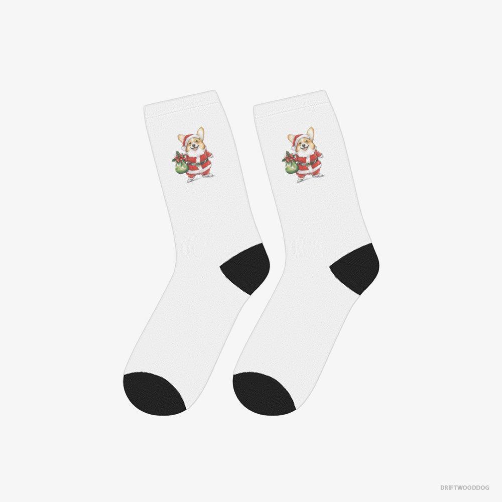 Corgi Socks – Unisex White Socks Classic – Carrying a Bag of Christmas Cookies (on White Background)