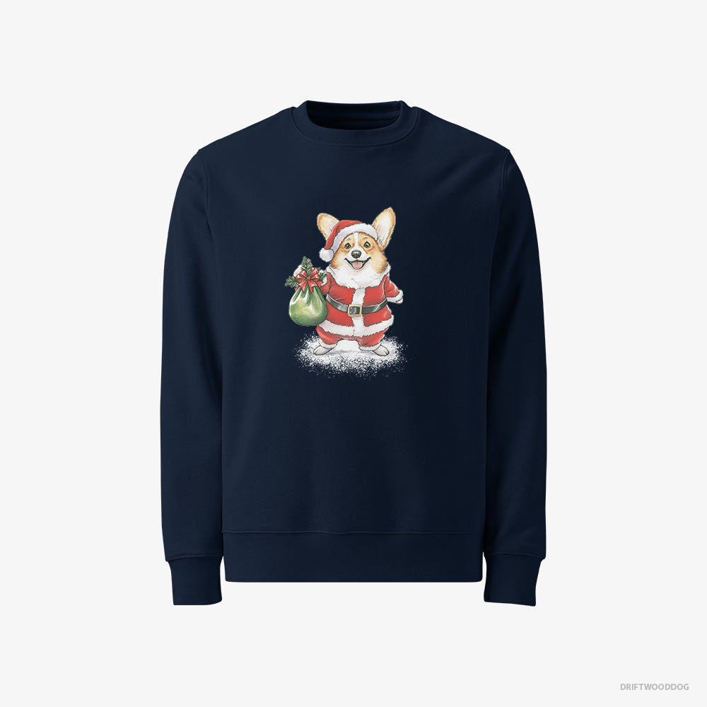 Corgi Sweatshirt – Women Navy Sweatshirt Classic – Carrying a Bag of Christmas Cookies (on White Background)