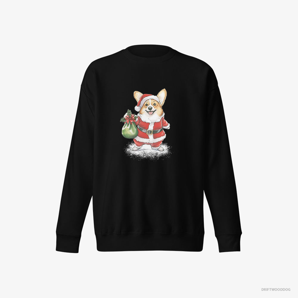 Corgi Sweatshirt – Women Black Sweatshirt Eco-Friendly – Carrying a Bag of Christmas Cookies (on White Background)