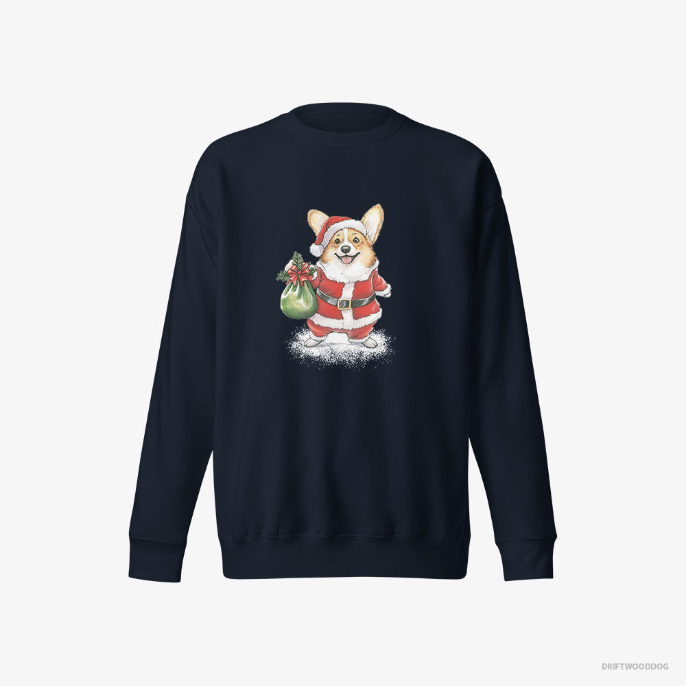 Corgi Sweatshirt – Women Navy Sweatshirt Eco-Friendly – Carrying a Bag of Christmas Cookies (on White Background)