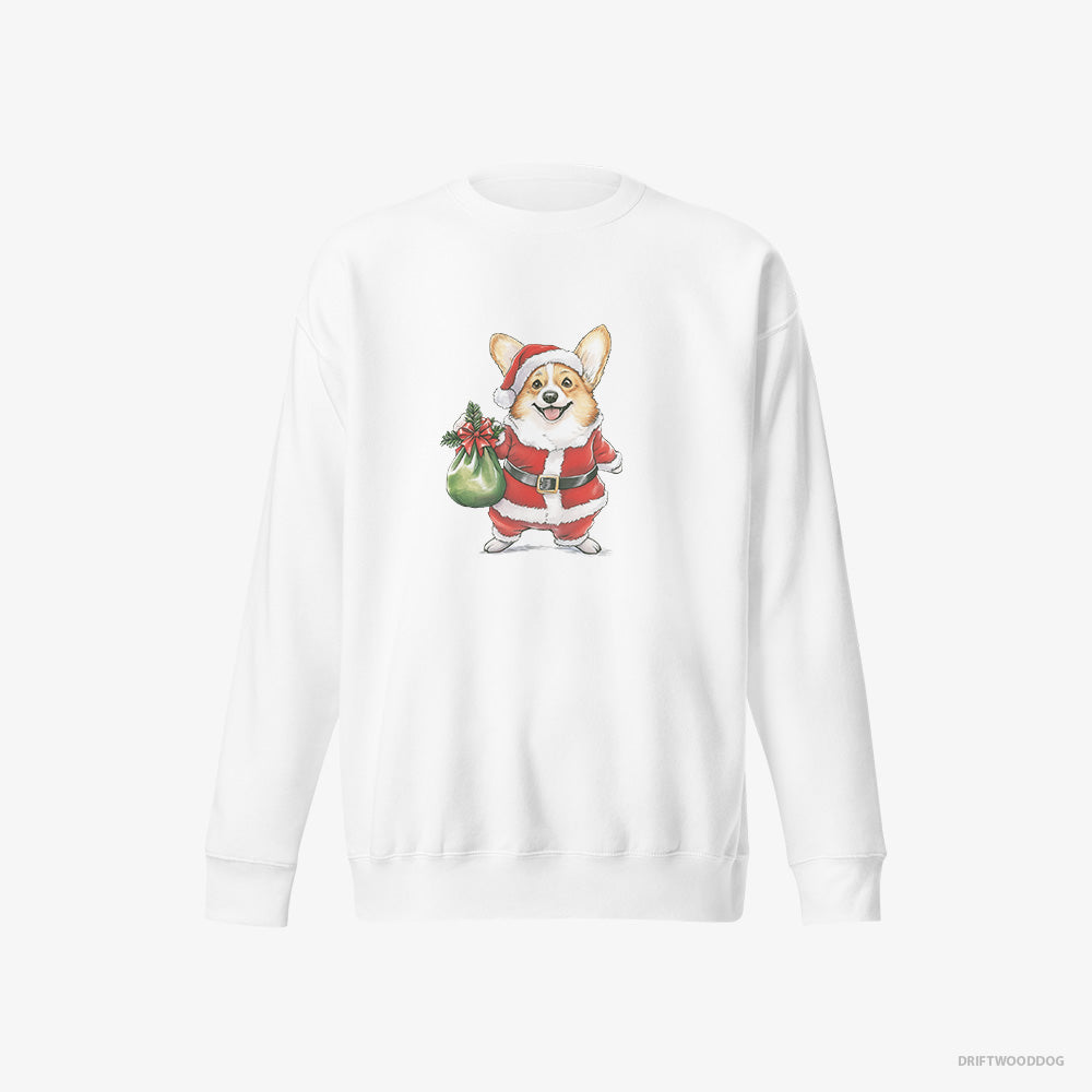 Corgi Sweatshirt – Women White Sweatshirt Eco-Friendly – Carrying a Bag of Christmas Cookies (on White Background)