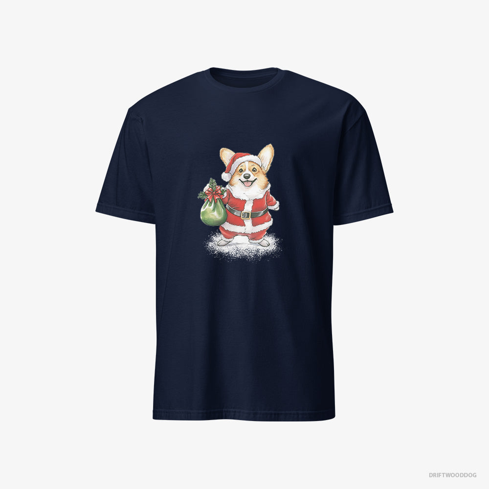 Corgi T-Shirt – Women Navy T-Shirt Classic – Carrying a Bag of Christmas Cookies (on White Background)