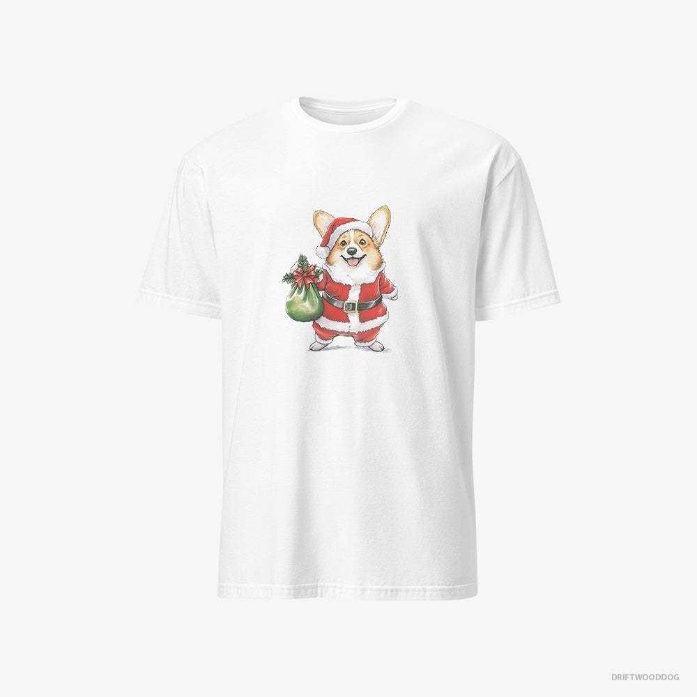 Corgi T-Shirt – Women White T-Shirt Classic – Carrying a Bag of Christmas Cookies (on White Background)