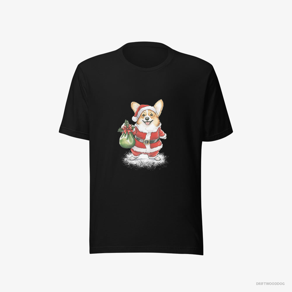 Corgi T-Shirt – Women Black T-Shirt Eco-Friendly – Carrying a Bag of Christmas Cookies (on White Background)