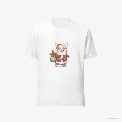 Corgi T-Shirt – Women White T-Shirt Eco-Friendly – Carrying a Bag of Christmas Cookies (on White Background)