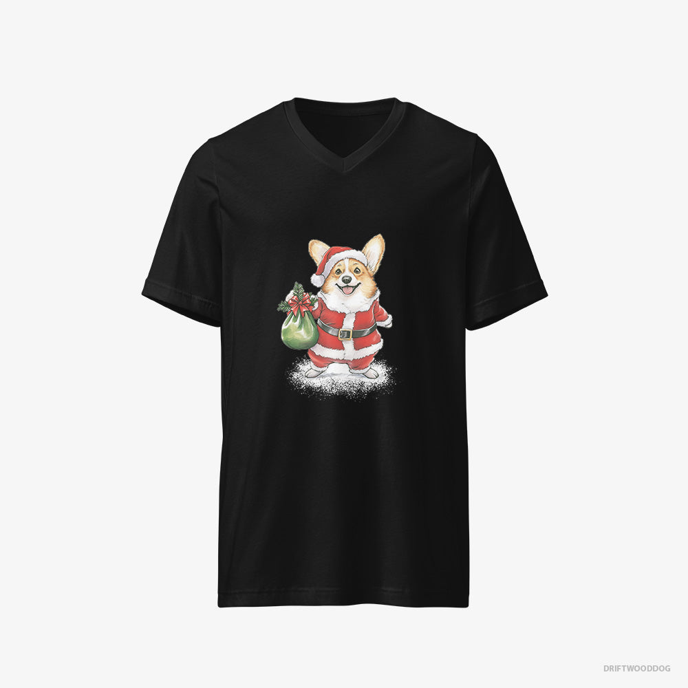 Corgi T-Shirt – Women Black T-Shirt V-Neck – Carrying a Bag of Christmas Cookies (on White Background)