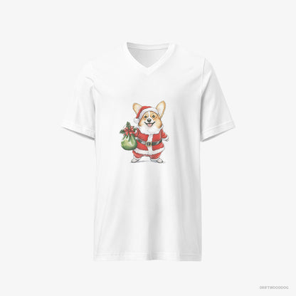 Corgi T-Shirt – Women White T-Shirt V-Neck – Carrying a Bag of Christmas Cookies (on White Background)