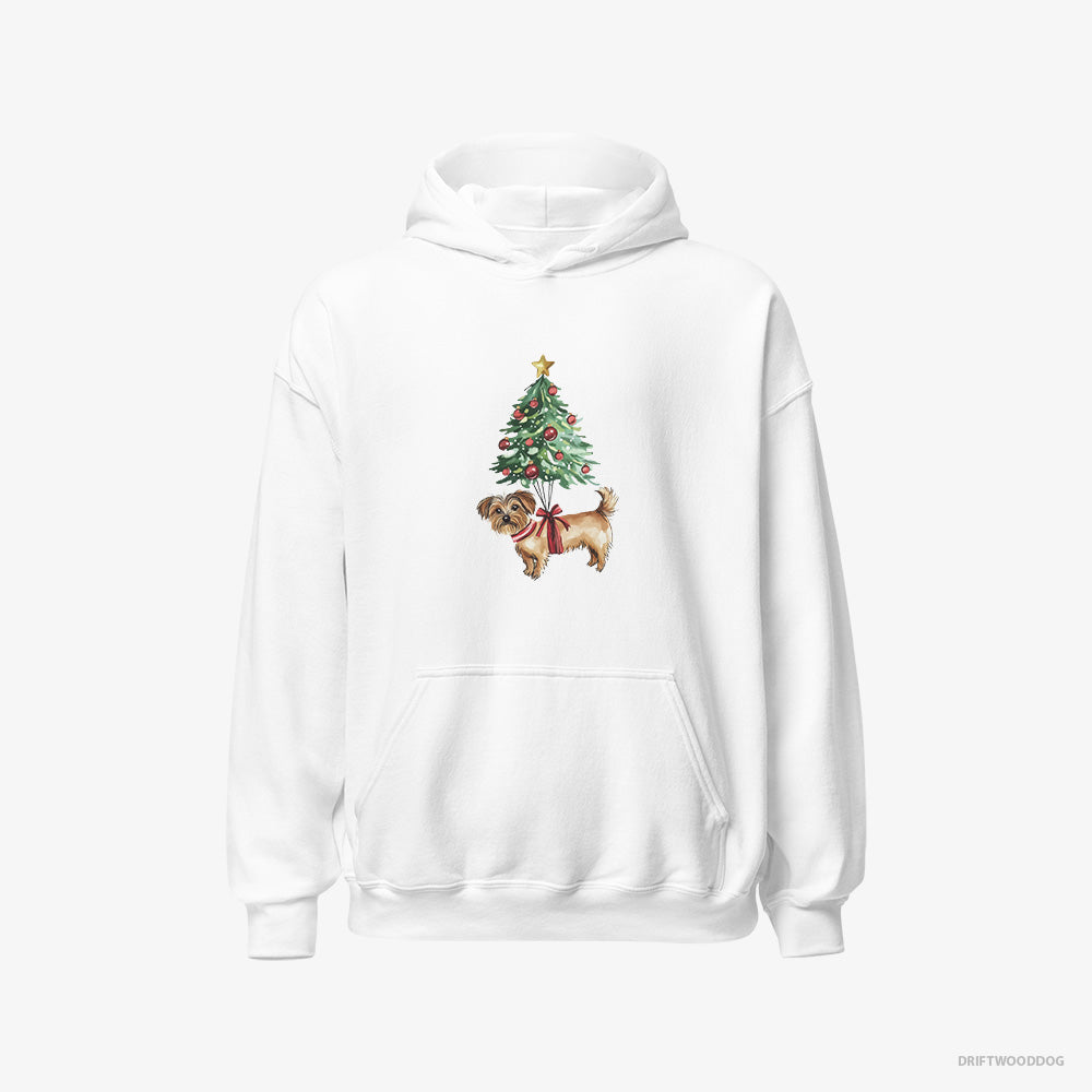 Yorkshire Terrier Hoodie – Men White Hoodie Classic – Attached to the Christmas Tree (on White Background)