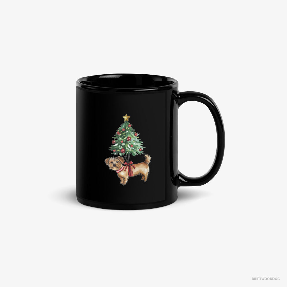 Yorkshire Terrier Mug – Unisex Black Mug Classic – Attached to the Christmas Tree (on White Background)