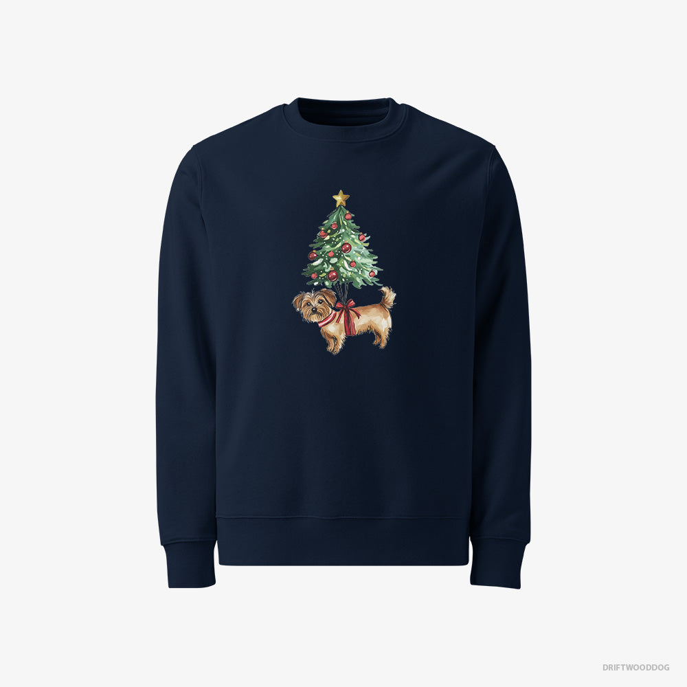 Yorkshire Terrier Sweatshirt – Men Navy Sweatshirt Classic – Attached to the Christmas Tree (on White Background)