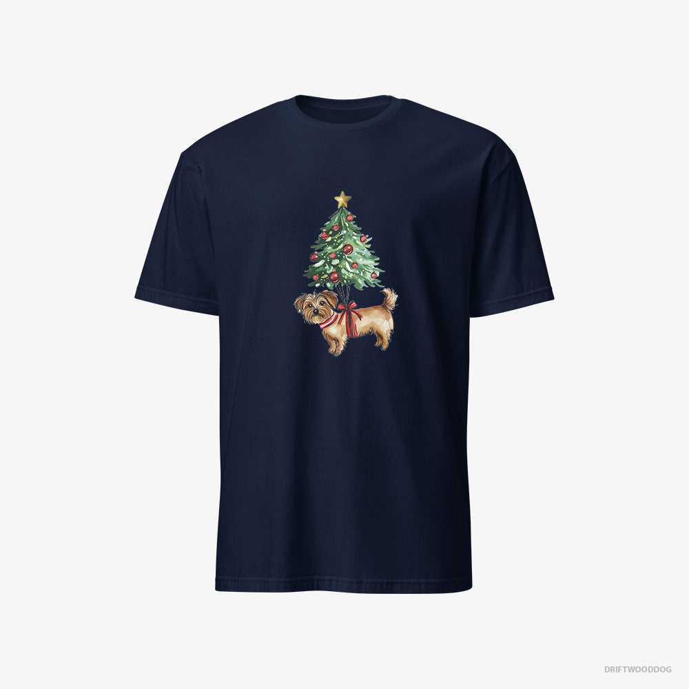 Yorkshire Terrier T-Shirt – Men Navy T-Shirt Classic – Attached to the Christmas Tree (on White Background)