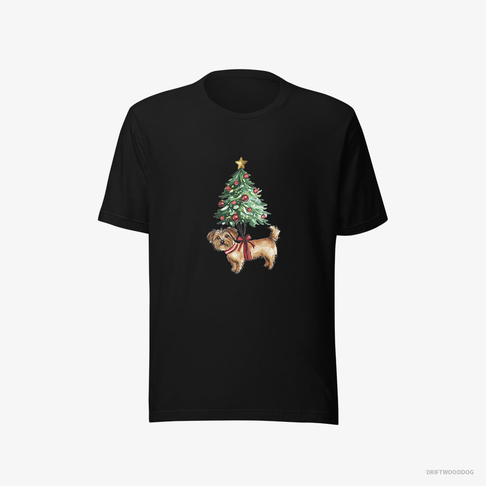 Yorkshire Terrier T-Shirt – Men Black T-Shirt Eco-Friendly – Attached to the Christmas Tree (on White Background)