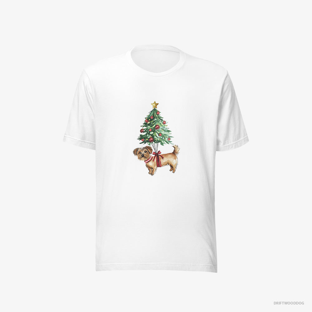 Yorkshire Terrier T-Shirt – Women White T-Shirt Eco-Friendly – Attached to the Christmas Tree (on White Background)