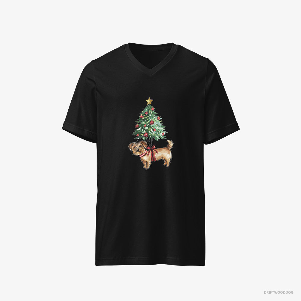 Yorkshire Terrier T-Shirt – Men Black T-Shirt V-Neck – Attached to the Christmas Tree (on White Background)