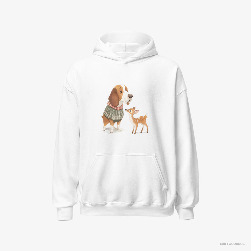 Basset Hound Hoodie – Men White Hoodie Classic – with a Little Reindeer (on White Background)