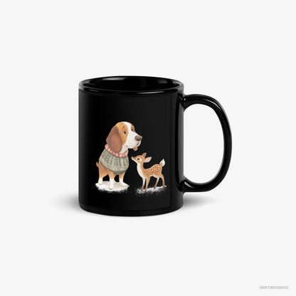 Basset Hound Mug – Unisex Black Mug Classic – with a Little Reindeer (on White Background)