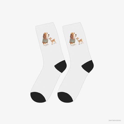 Basset Hound Socks – Unisex White Socks Classic – with a Little Reindeer (on White Background)