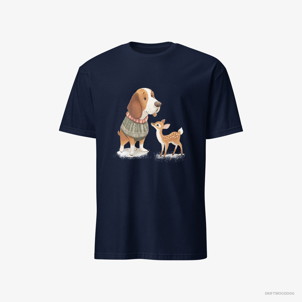 Basset Hound T-Shirt – Men Navy T-Shirt Classic – with a Little Reindeer (on White Background)