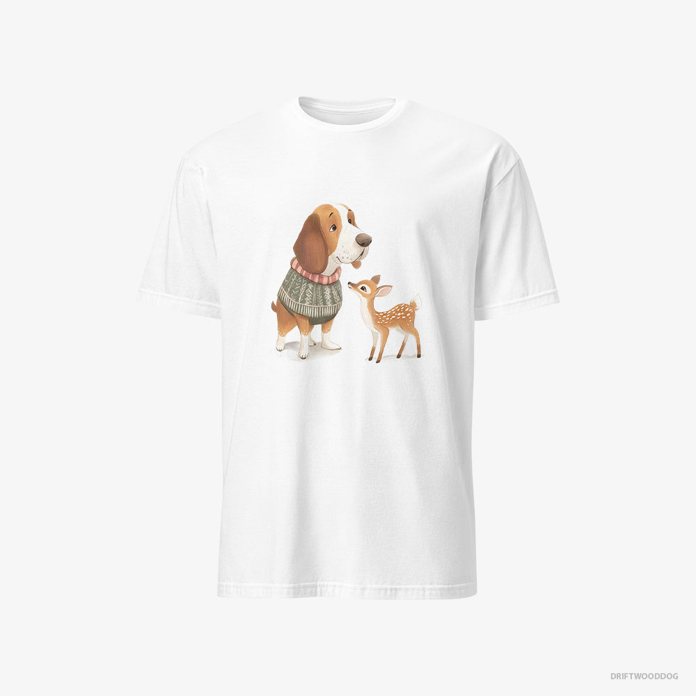 Basset Hound T-Shirt – Men White T-Shirt Classic – with a Little Reindeer (on White Background)