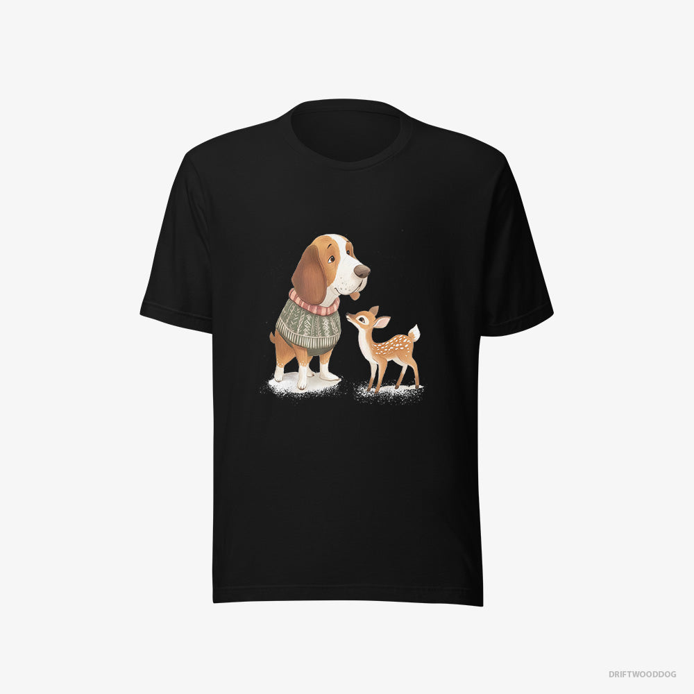 Basset Hound T-Shirt – Women Black T-Shirt Eco-Friendly – with a Little Reindeer (on White Background)