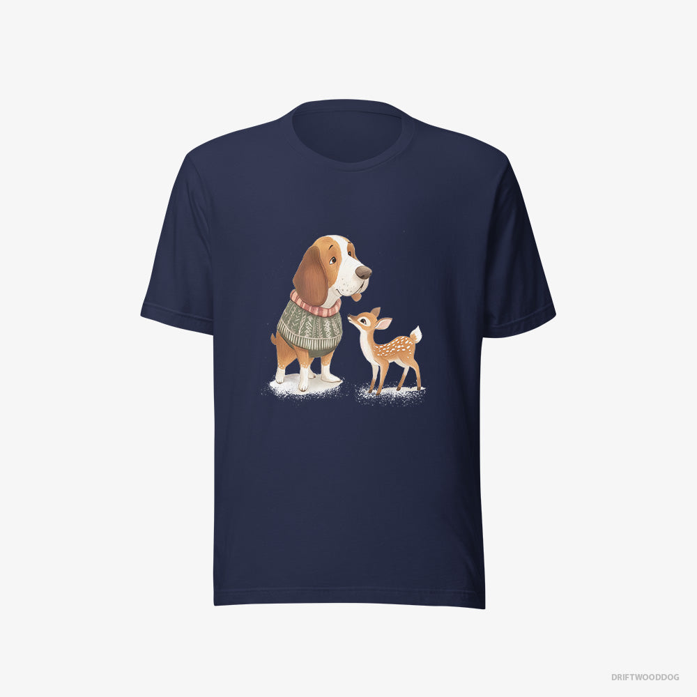 Basset Hound T-Shirt – Women Navy T-Shirt Eco-Friendly – with a Little Reindeer (on White Background)