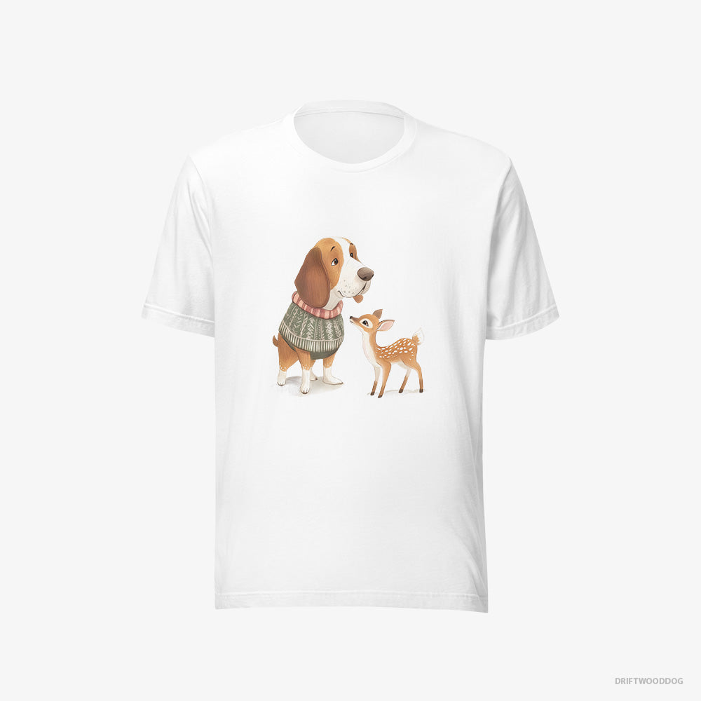 Basset Hound T-Shirt – Men White T-Shirt Eco-Friendly – with a Little Reindeer (on White Background)