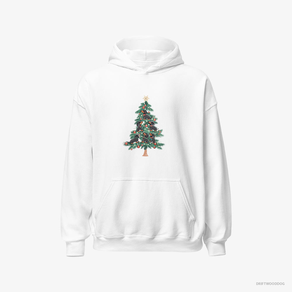 Dachshund Hoodie – Men White Hoodie Classic – Puppies Climbing Christmas Tree (on White Background)