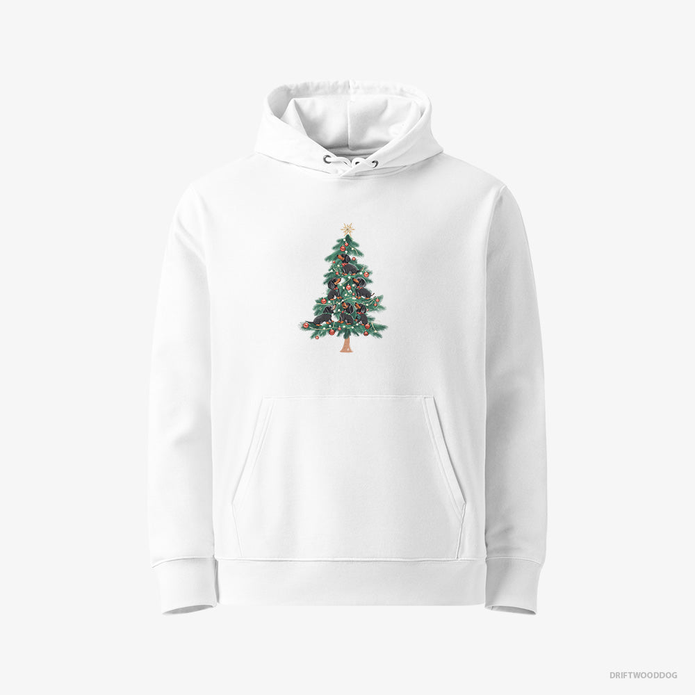 Dachshund Hoodie – Women White Hoodie Eco-Friendly – Puppies Climbing Christmas Tree (on White Background)