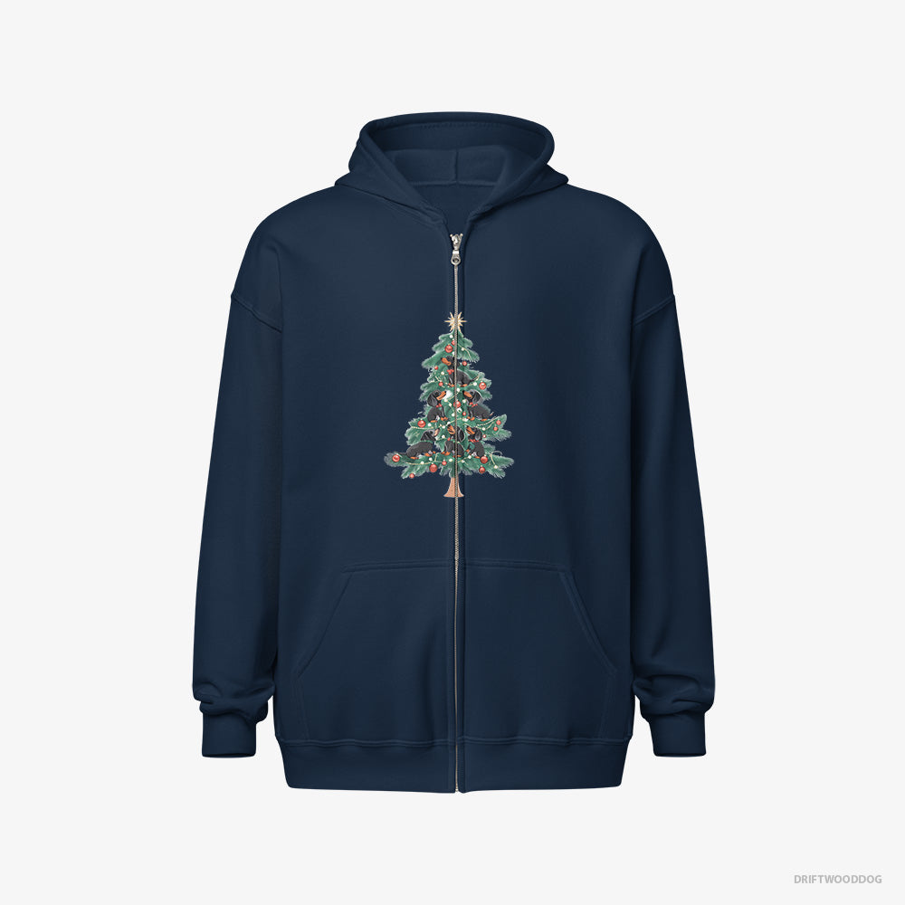 Dachshund Hoodie – Men Navy Hoodie Full-Zip – Puppies Climbing Christmas Tree (on White Background)