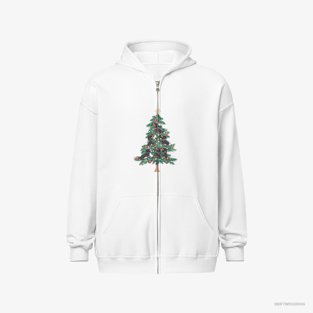 Dachshund Hoodie – Men White Hoodie Full-Zip – Puppies Climbing Christmas Tree (on White Background)