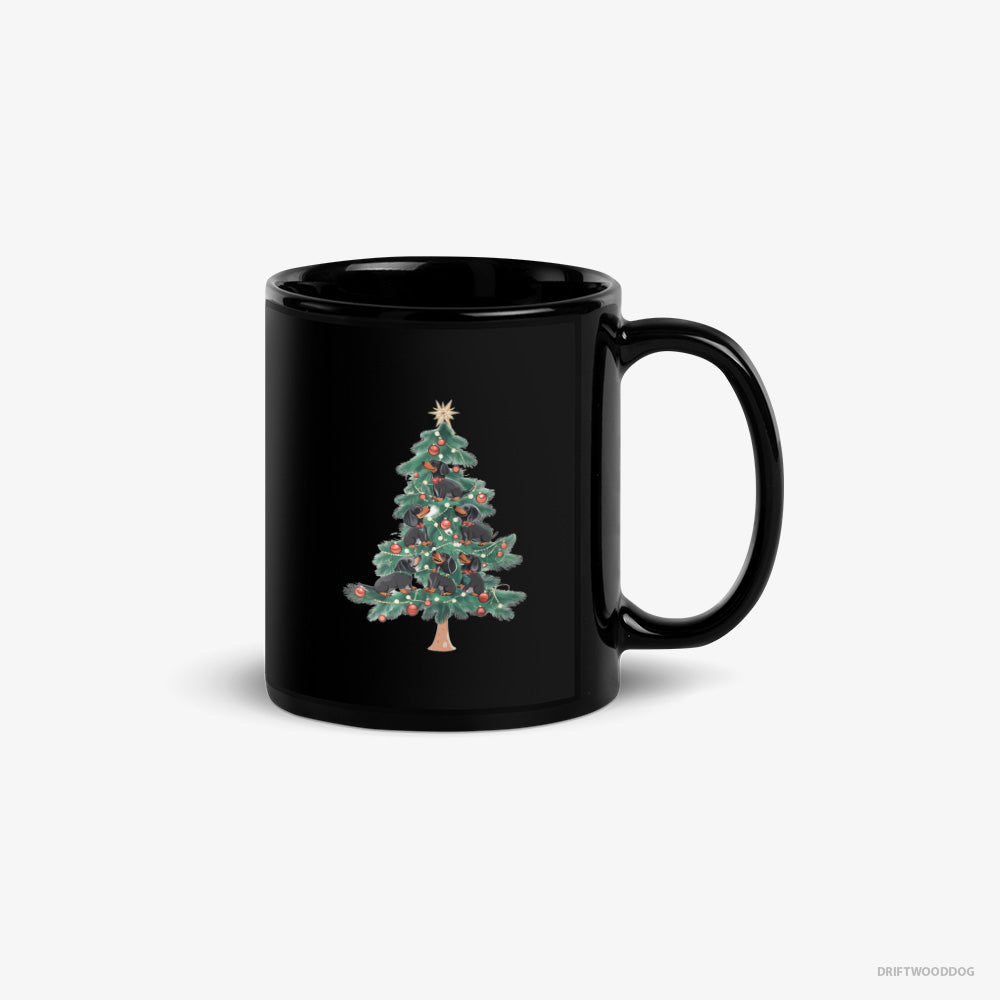 Dachshund Mug – Unisex Black Mug Classic – Puppies Climbing Christmas Tree (on White Background)