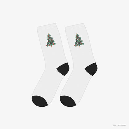 Dachshund Socks – Unisex White Socks Classic – Puppies Climbing Christmas Tree (on White Background)