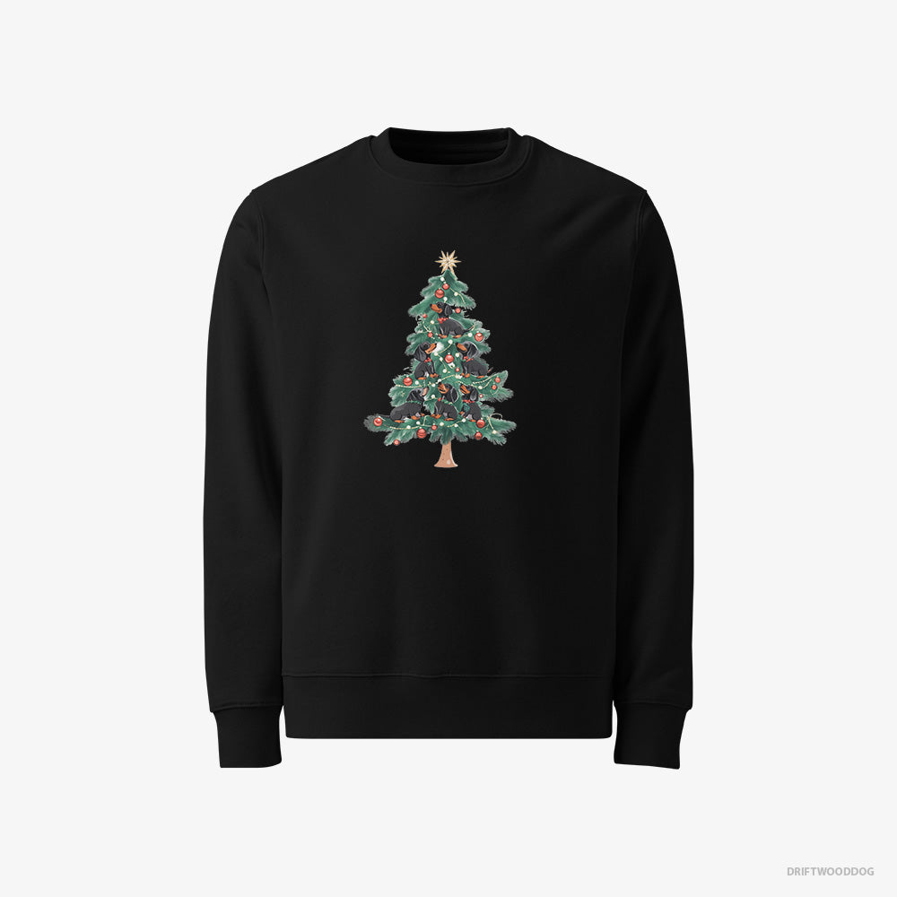 Dachshund Sweatshirt – Men Black Sweatshirt Classic – Puppies Climbing Christmas Tree (on White Background)