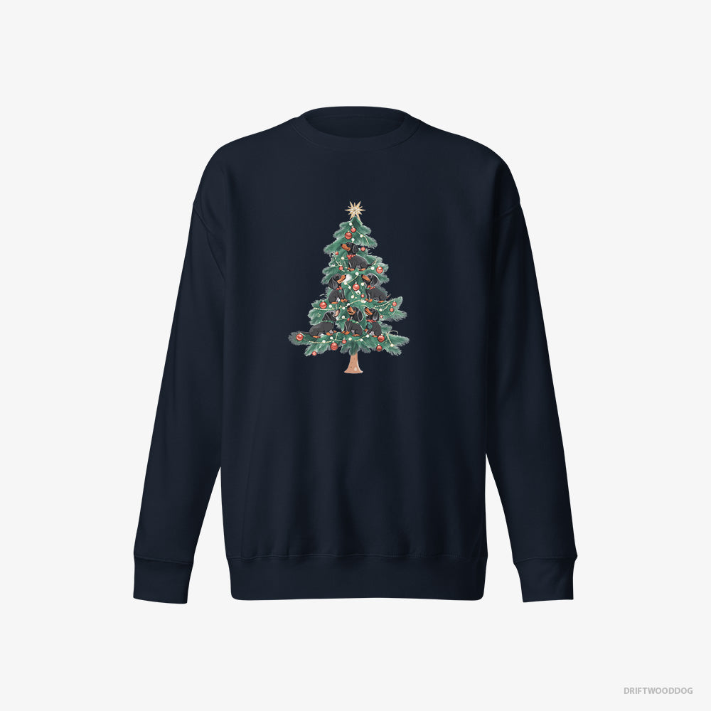 Dachshund Sweatshirt – Women Navy Sweatshirt Eco-Friendly – Puppies Climbing Christmas Tree (on White Background)