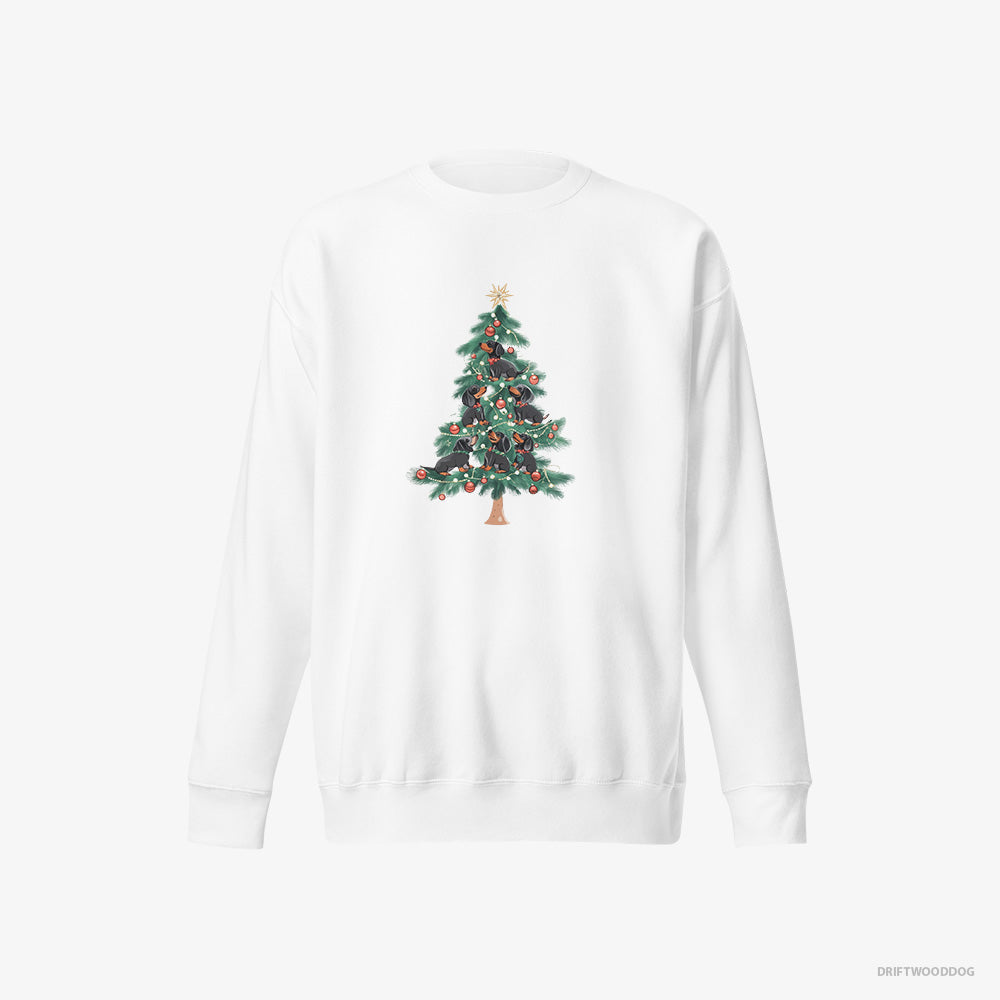 Dachshund Sweatshirt – Women White Sweatshirt Eco-Friendly – Puppies Climbing Christmas Tree (on White Background)