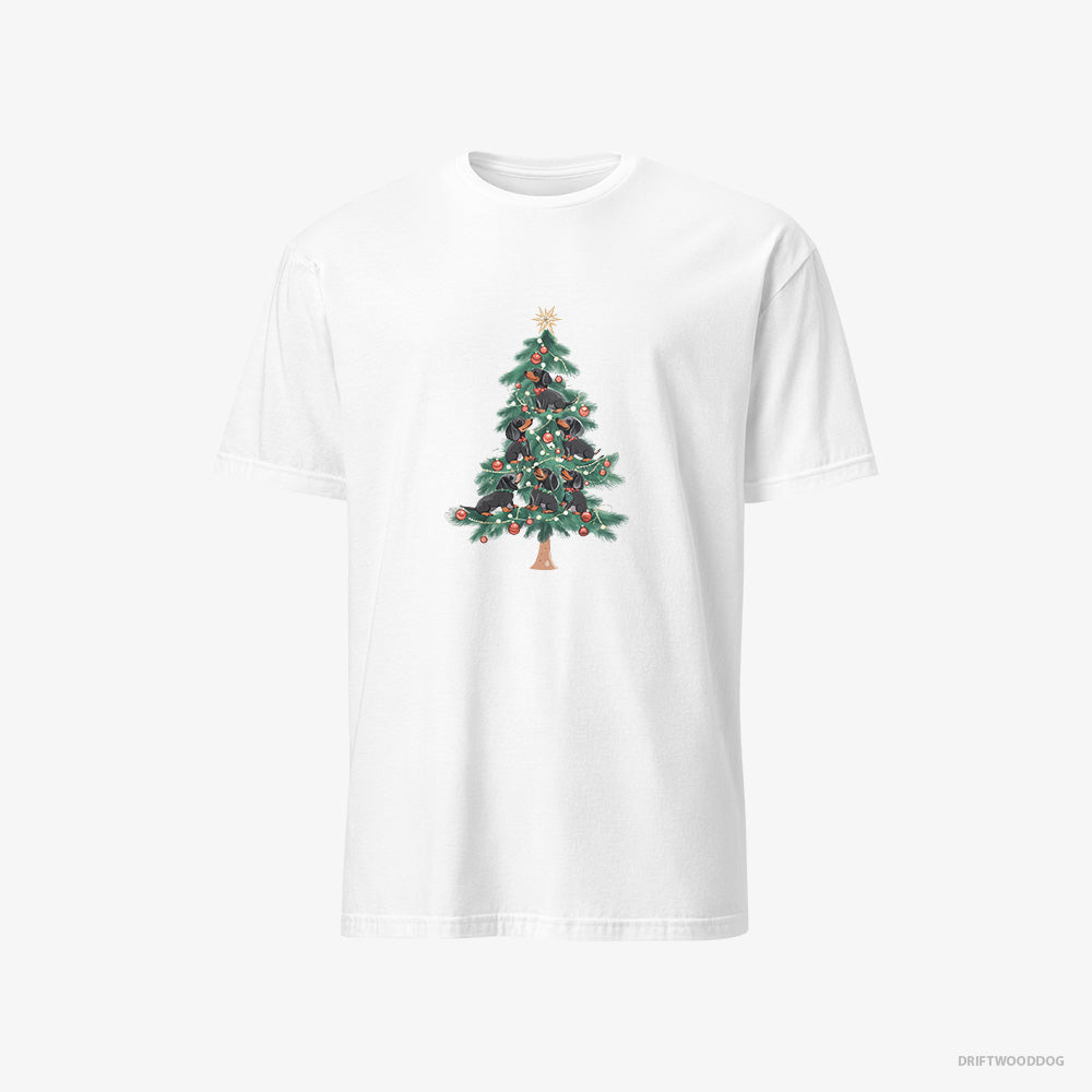 Dachshund T-Shirt – Men White T-Shirt Classic – Puppies Climbing Christmas Tree (on White Background)