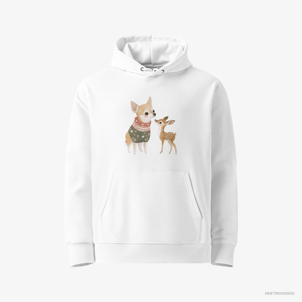 Chihuahua Hoodie – Women White Hoodie Eco-Friendly – with a Playful Reindeer (on White Background)