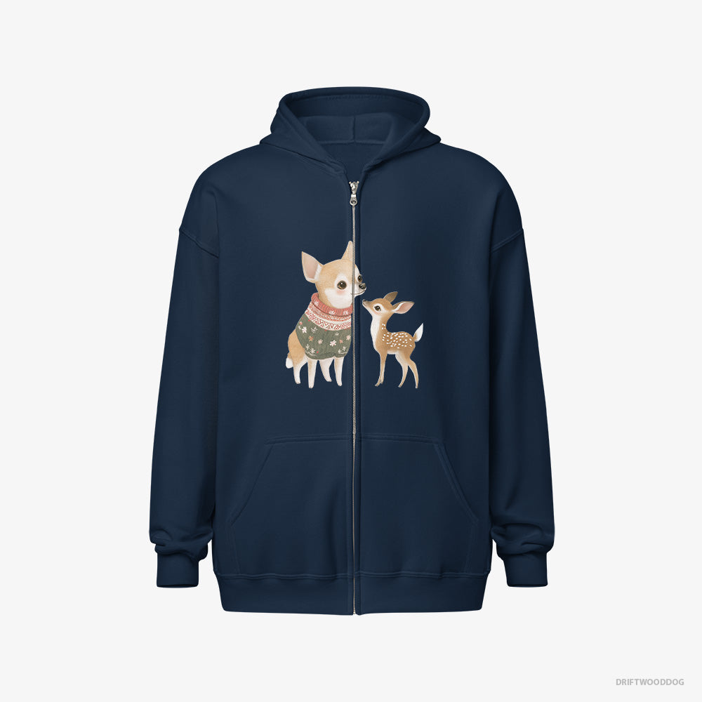 Chihuahua Hoodie – Men Navy Hoodie Full-Zip – with a Playful Reindeer (on White Background)