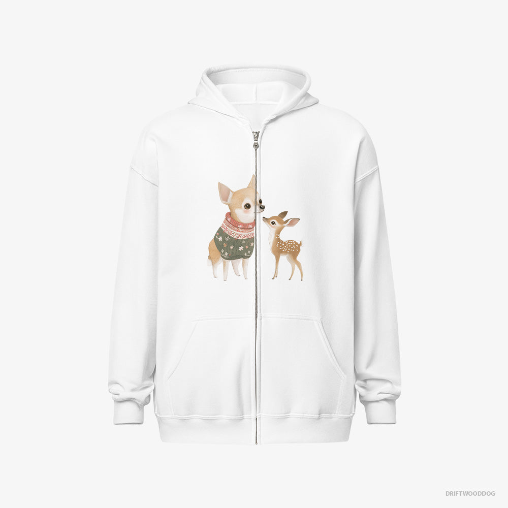 Chihuahua Hoodie – Men White Hoodie Full-Zip – with a Playful Reindeer (on White Background)